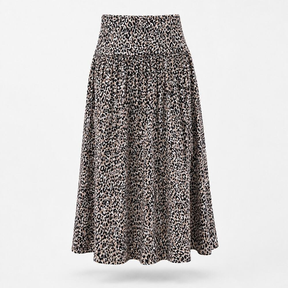 Simlu Womens XL Leopard Animal Print Smocked Waist Midi Maxi Skirt Boho Flowy